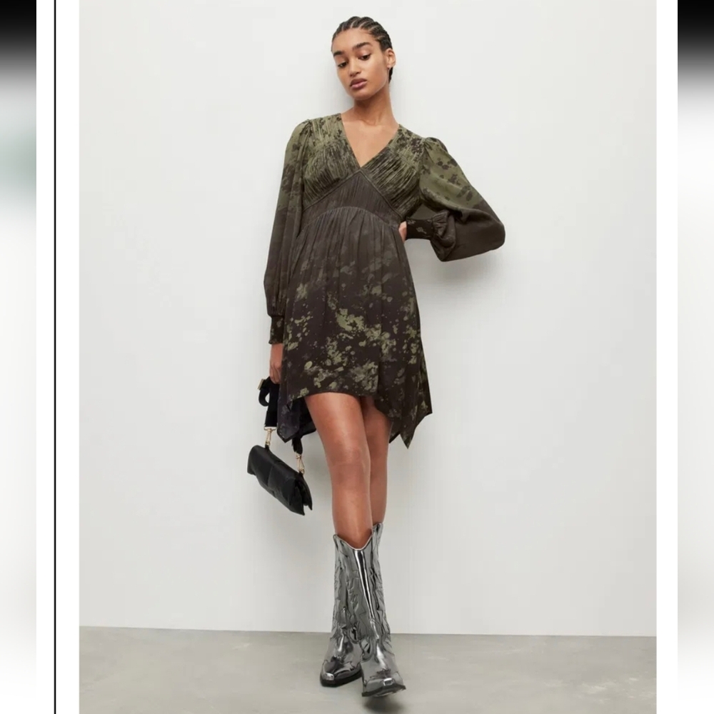 All Saints Esta Ombre Asymmetrical Dress in Olive and Black Sz 10